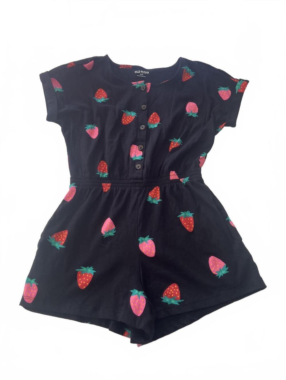 Girls Shorts Romper Strawberry Print Old Navy Black Button Front Pockets Size 8